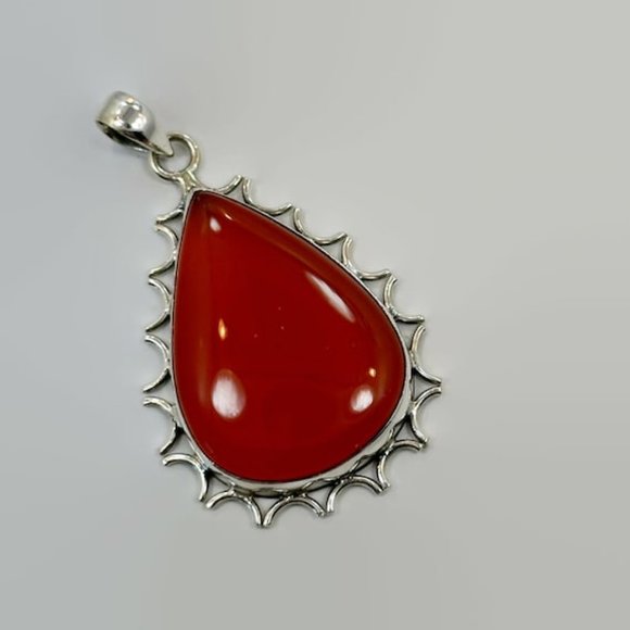 Carnelian Pendant, Sterling Silver, Vintage Pendant, 2" Long, Large Stone, Red - Picture 2 of 5